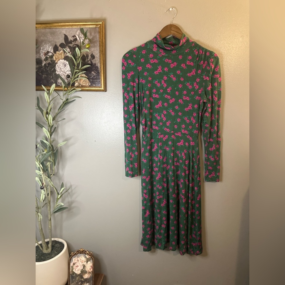 ModCloth Green Pink Rose Floral Mock Neck Dress Medium Long Sleeve Cottagecore - Picture 7 of 9